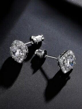 Cute Square Cubic Zirconia Halo Stud Silver Earrings Womens Jewelry